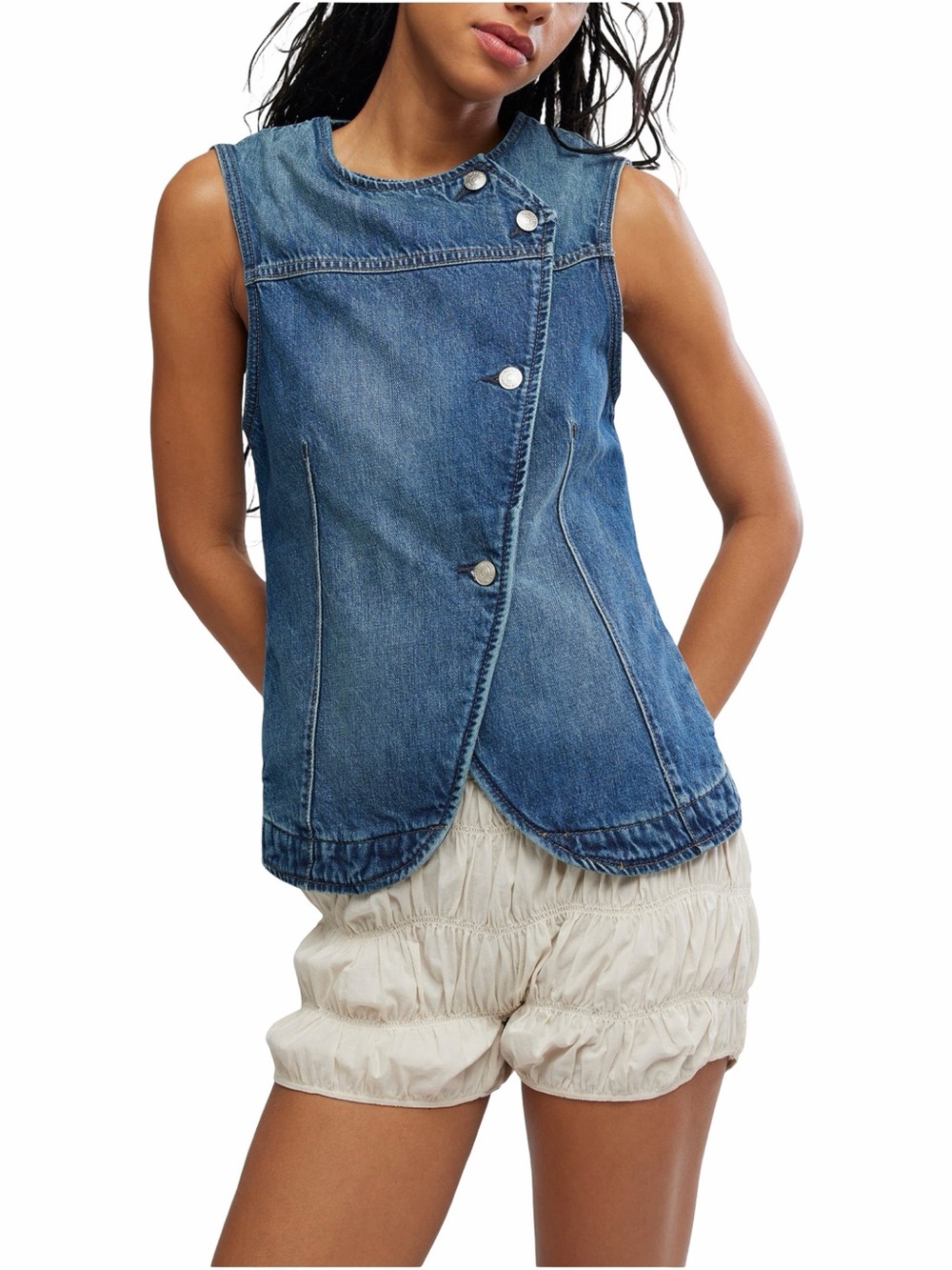 Free People We The Free Maris Indigo Denim Asymmetric Button Vest Top